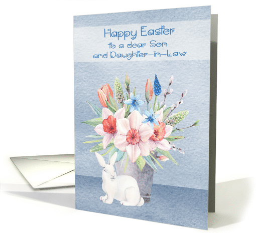 Happy Easter to Son and Daughter in Law with a Bunny and Flowers card