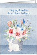 Easter to Mum with a Bunny in Front of a Bouquet of Beautiful Flowers card