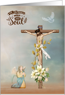 Easter Blessings with Jesus Hanging on a Cross an Angel and Dove card