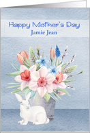 Mother’s Day Custom Name with a Bunny In Front of a Bouquet of Flowers card