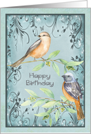 Birthday with Birds Against a Flowered Sparkle Effect Background card