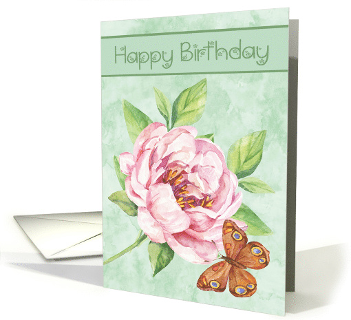 Birthday with a Beautiful Water Colored Pink Flower and Butterfly card