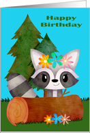 Birthday with a Cute Raccoon Wearing Colorful Flowers Behind a Log card