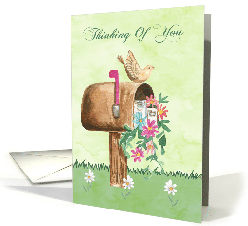 Thinking of You with a Mailbox Full of Flowers and a Pretty Bird card