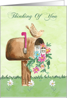 Thinking of You with a Mailbox Full of Flowers and a Pretty Bird card