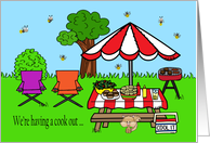 Invitation to Outdoor Cook Out with a Picnic Setting with a Grill card