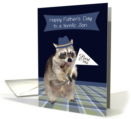 Father's Day to Son with a Handsome Raccoon Dressed Like a Dad card
