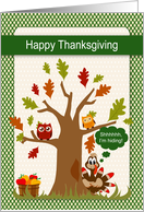Thanksgiving a Turkey Hiding Behind a Tree with Owl and Leaves card