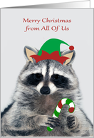 Christmas from All Of Us with an Elf Raccoon Holding a Candy Cane card