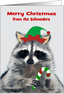 Christmas from Custom Name with an Elf Raccoon Holding a Candy Cane card