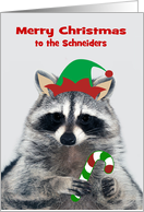 Christmas for Custom Name with an Elf Raccoon Holding a Candy Cane card