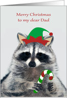 Christmas to Dad with an Elf Raccoon Holding a Candy Cane card