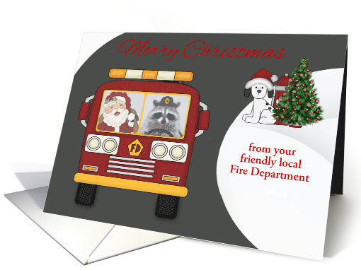 Christmas Firefighter Custom Name Business with a Raccoon card