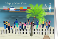 New Year 2025 Humor with a Group of People Waving at Cargo Ships card