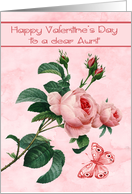 Valentine’s Day to Aunt with Pink Roses and a Butterfly in Flight card