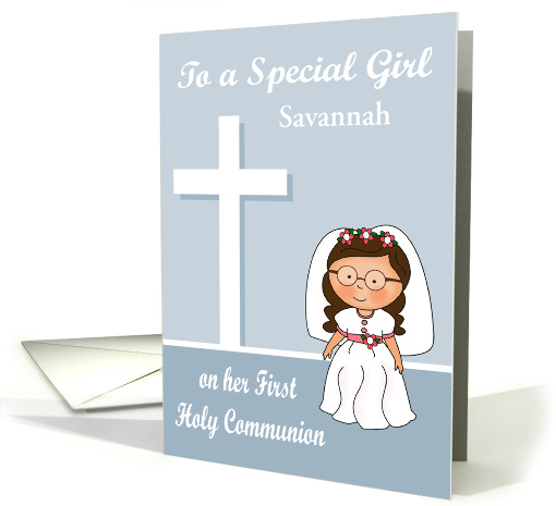 Congratulations On First Communion Girl Glasses Custom Name card