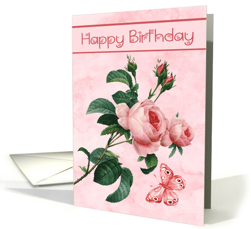 Birthday with a Pink Rose and a Butterfly in Flight on Pink card