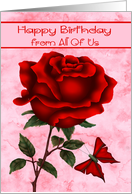 Birthday from All Of Us with a Beautiful Red Rose and a Butterfly card
