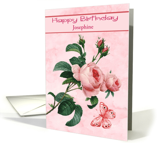 Birthday Custom Name with a Pink Rose and a Butterfly in Flight card