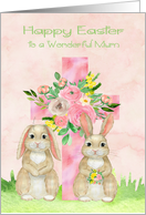 Easter to Mum with a Beautiful Flowered Cross and Two Rabbits card