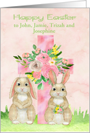 Easter Custom Name with a Beautiful Flowered Cross and Two Rabbits card