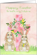 Easter to Both Mums with a Beautiful Flowered Cross and Two Rabbits card