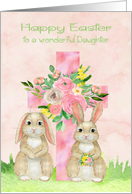 Easter to Daughter with a Beautiful Cross and Two Rabbits in the Grass card