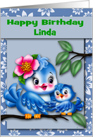 Birthday Custom Name with a Bird Holding a Baby Bird Perched on a Limb card