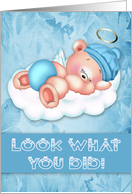 Congratulations on New Baby Boy with an Angel Bear Floating on a Cloud card