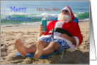 Christmas Beach Theme with Santa Claus Holding a Travel Cup card