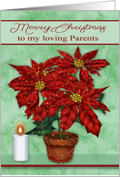 Christmas to Parents with a Pot of Beautiful Poinsettias and a Candle card