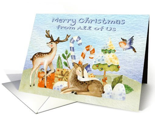 Christmas from All of Us with Reindeer surrounding Festive Gifts card