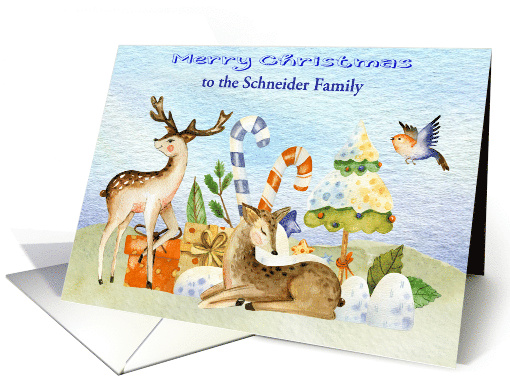 Christmas for Custom Name with Reindeer surrounding Festive Gifts card