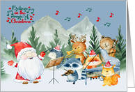 Christmas with an Orchestra of Woodland Critters playing with Santa card