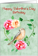 Birthday on Valentine’s Day with a Beautiful Flower Wreath and a Bird card