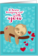 Thinking of You with a Cute Sloth Hanging from a Tree Limb and Hearts card