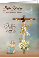 Easter Blessings to Priest with Jesus on a Cross and an Angel Praying card