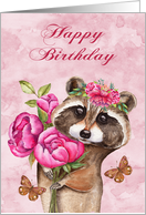 Birthdy with a Beautiful Raccoon Holding Flowers and Butterflies card