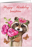 Birthday Custom Name with a Beautiful Raccoon Holding Flowers card