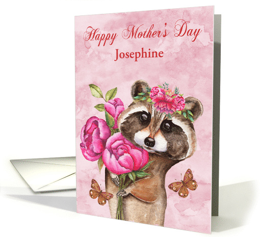 Mother's Day Custom Name with a Beautiful Raccoon Holding Flowers card