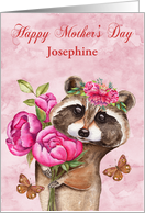 Mother’s Day Custom Name with a Beautiful Raccoon Holding Flowers card