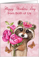 Mother’s Day from Both of Us with a Beautiful Raccoon Holding Flowers card