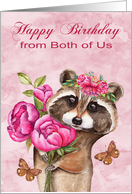 Birthday from Both of Us with a Beautiful Raccoon Holding Flowers card