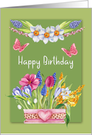 Birthday with a Beautiful Bouquet of Spring Flowers and Butterflies card