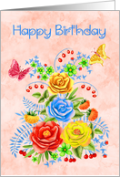 Birthday with a Beautiful Bouquet of Summer Flowers and Butterflies card