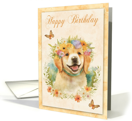 Birthday with a Golden Retriever Surrounded by Beautiful Flowers card