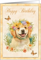Birthday with a Golden Retriever Surrounded by Beautiful Flowers card