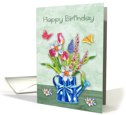 Birthday with a Beautiful Pot of Spring Flowers and Butterflies card