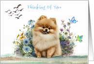 Thinking of You with a Gold Pomeranian Sitting in Flowers and Birds card