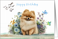 Birthday with a Gold Pomeranian Sitting in Flowers and Birds in Flight card